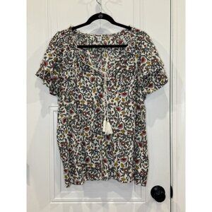 Old Navy White Floral Peasant Top Pink Green Blue Gold Short Flutter Sleeves EUC